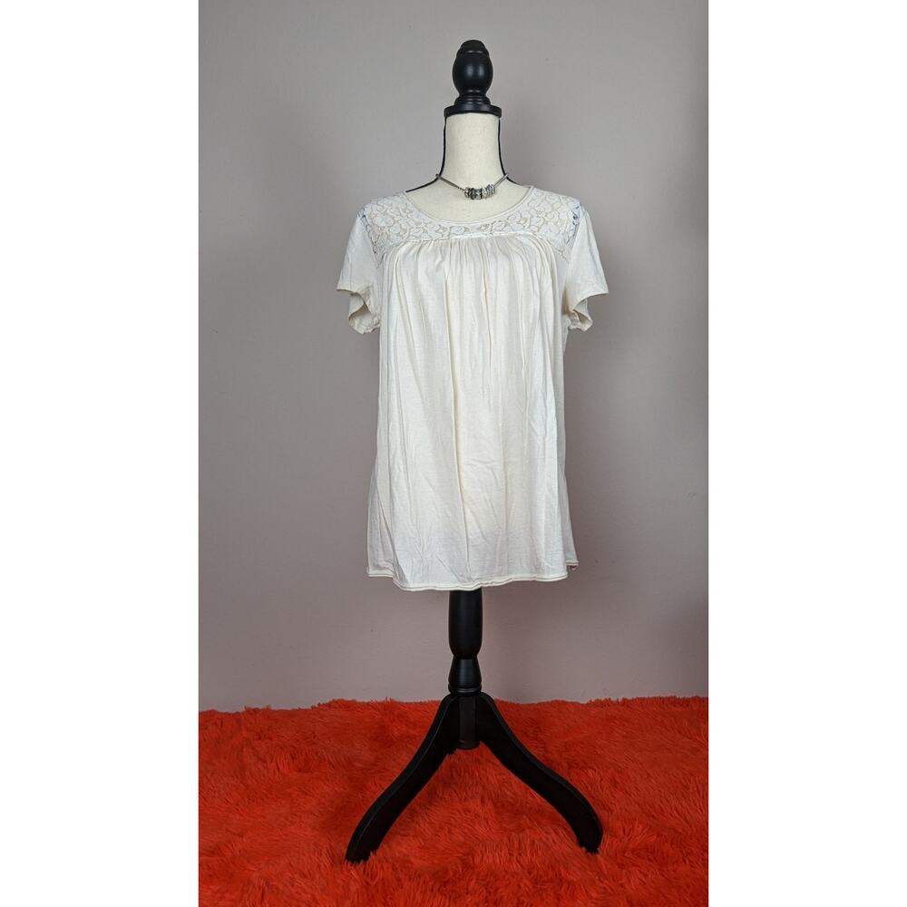 DUO Maternity White Cream Cotton Short Sleeve Lace Scoop Neck Shirt Blouse L